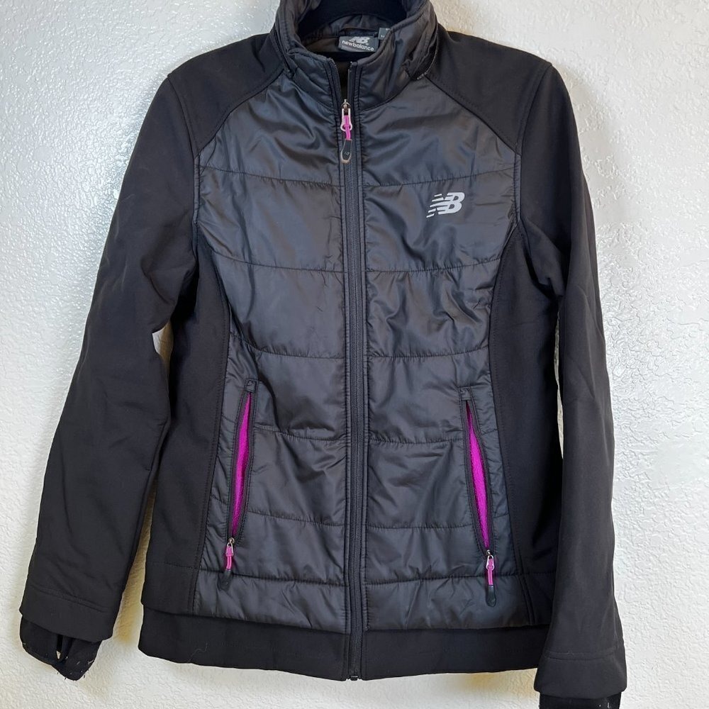 New Balance Womens Small Black Hybrid Puffer Softshell Jacket Fleece Lined Pink